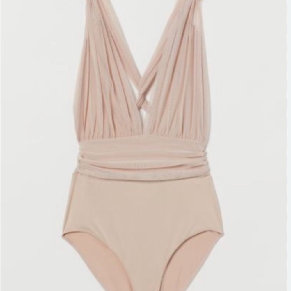 H&M Cream Bodysuit with V-Neck and Ruched Waist
